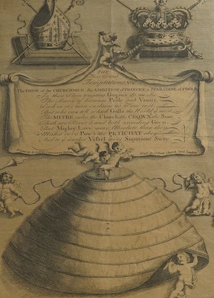 18th century, ‘The Three Grand Temptations’, printed and sold by Carington Bowles, St. Paul's Churchyard, London, satirical line engraving, 35 x 23cm